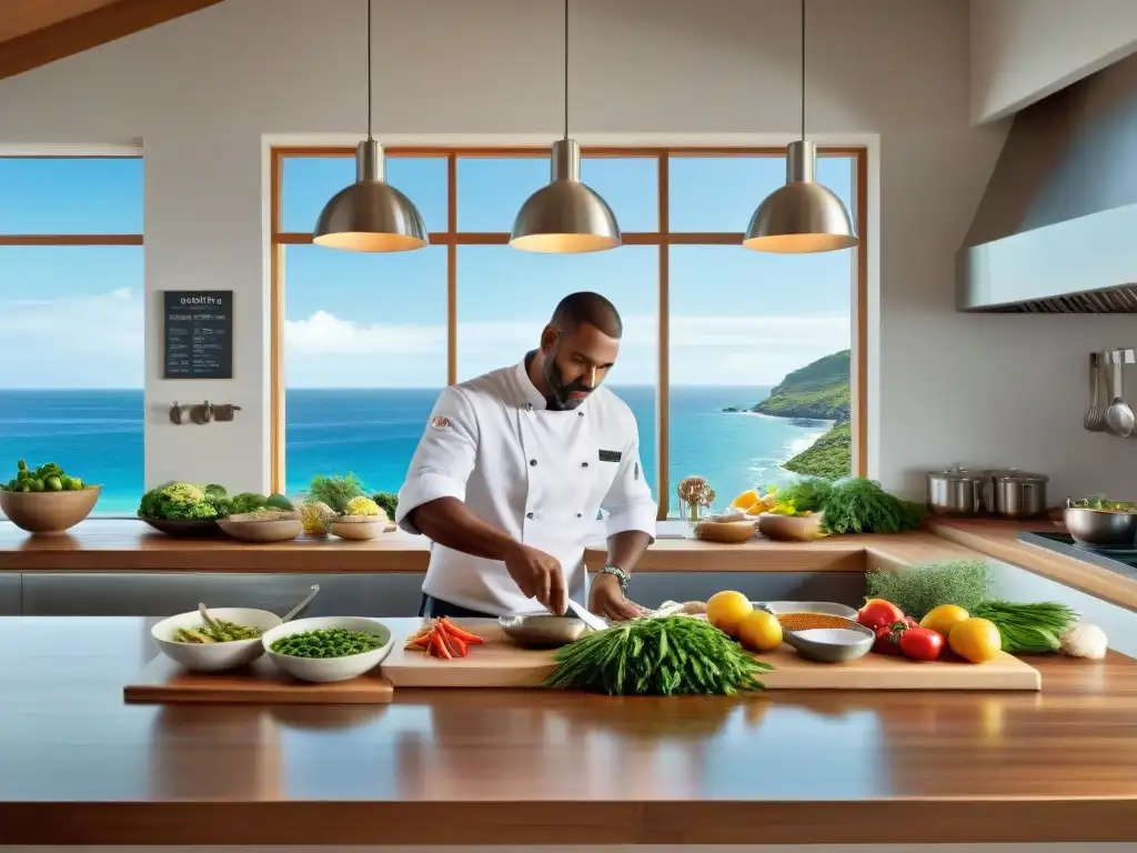 Clase de cocina costera: Chef fileteando pescado fresco con vista al mar Un chef filleteando pescado fresco en una cocina costera, rodeado de ingredientes coloridos