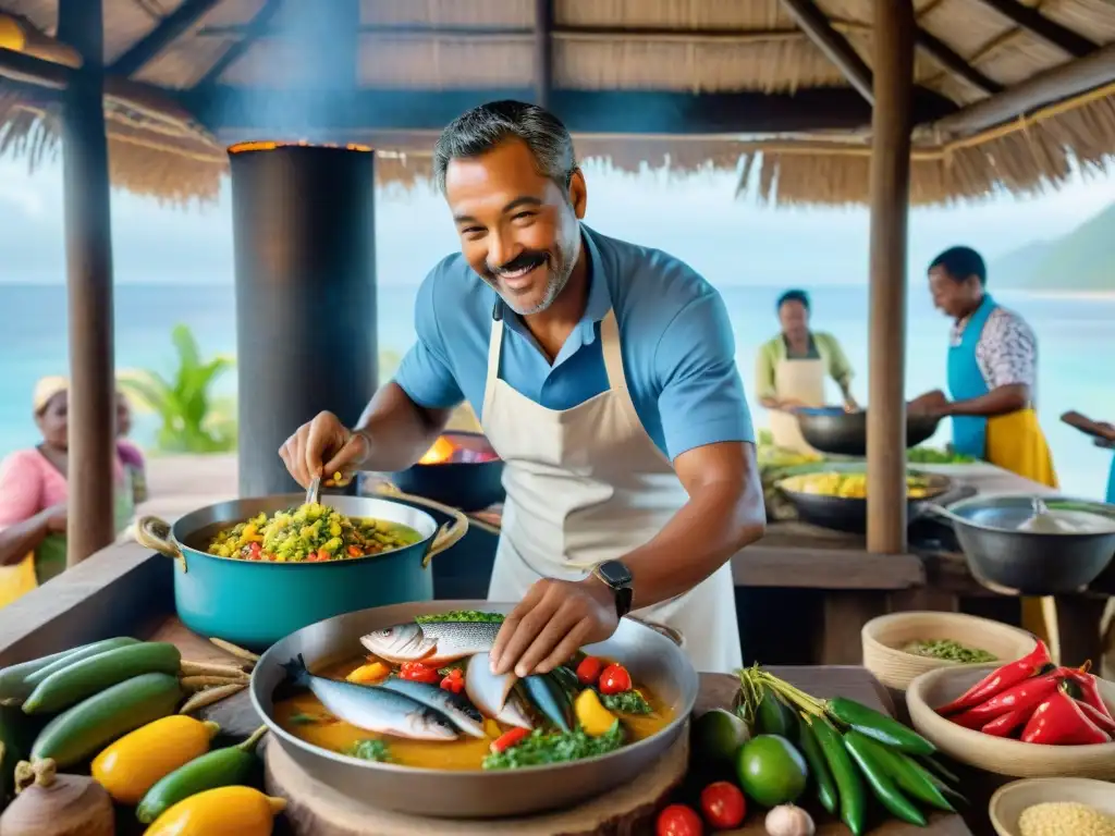 Chef experto prepara pescado fresco en cocina costera vibrante Un chef filleteando pescado fresco en una cocina costera tradicional, rodeado de colorida fruta y verduras locales