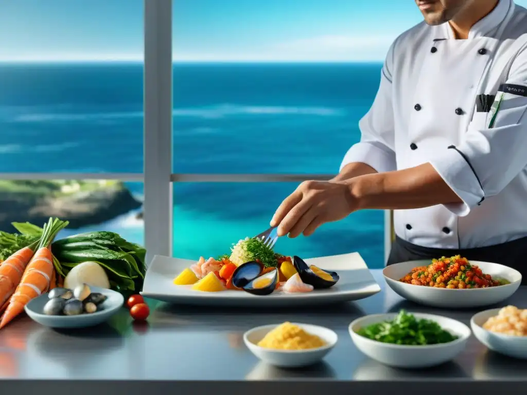 Chef costero preparando delicias frente al mar Un chef preparando un plato costero con ingredientes frescos en una cocina profesional junto al mar