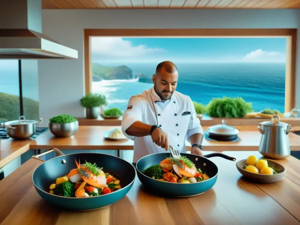 Chef preparando exquisito plato de mar en cocina costera Un chef preparando un plato de mar en una cocina costera con vista al mar