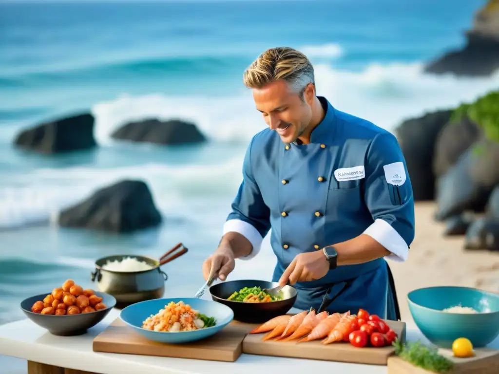 Chef preparando pescado fresco en la playa: Experiencia culinaria costera Un chef preparando un plato de mariscos en la playa, destacando la belleza de los Cursos de cocina personalizados costeros