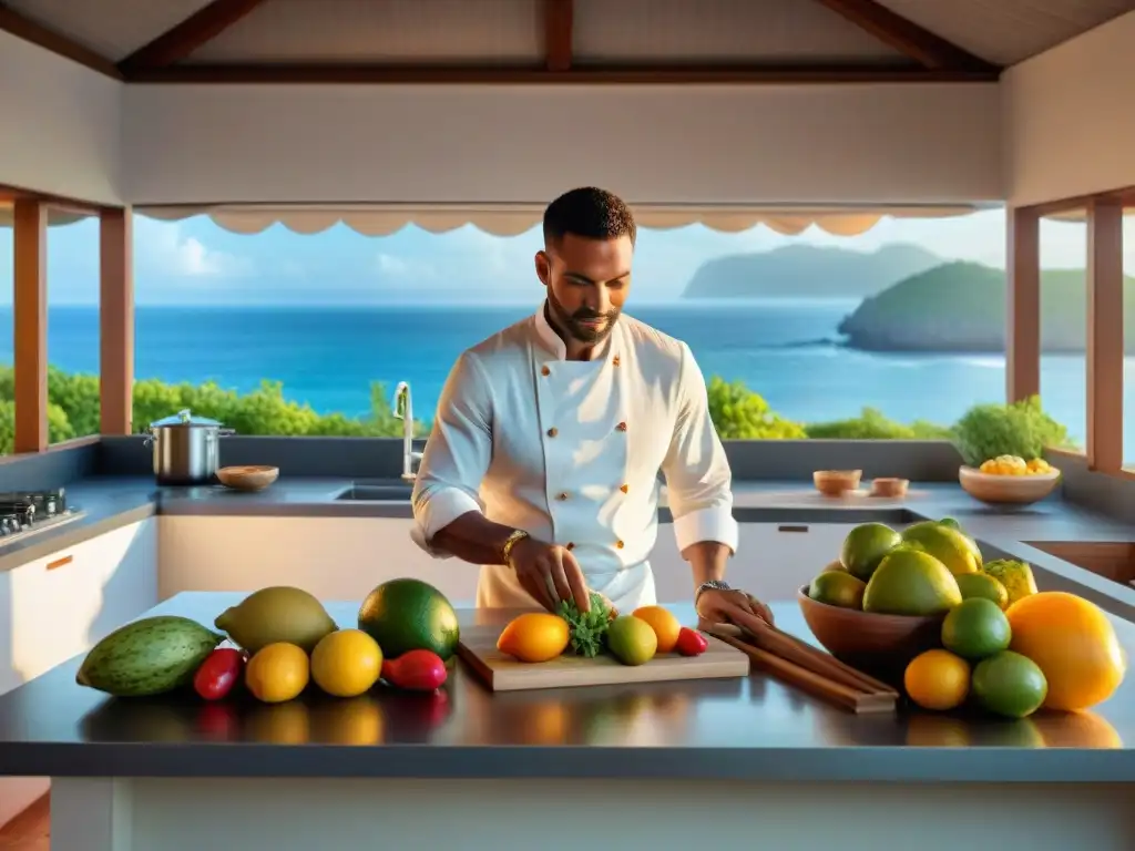 Exquisita cocina costera: sabores y tradición en una isla paradisíaca Un chef preparando un plato tradicional en una cocina costera con ingredientes frescos