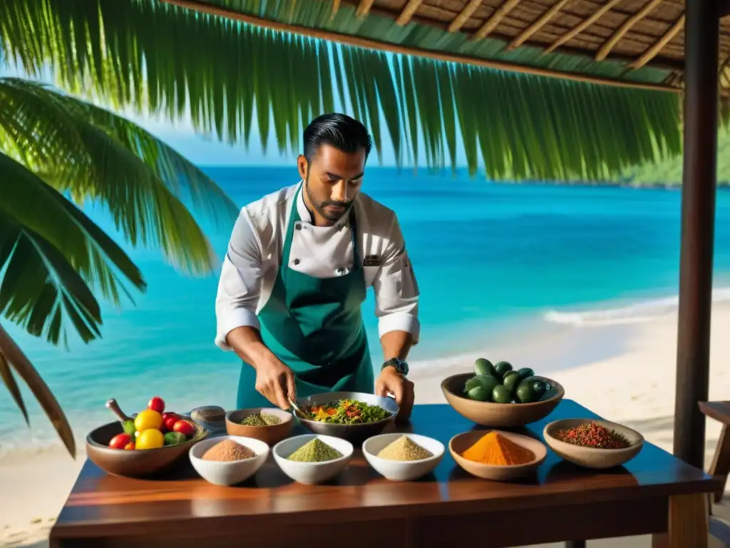 Chef preparando plato de mariscos en restaurante playero de Costa Rica Un chef preparando platos únicos costa lugares escondidos en restaurante playero