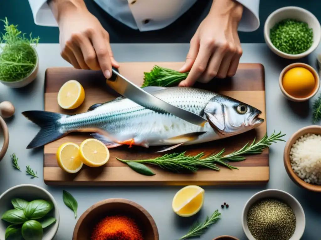 Maestro Chef Deshuesando Pescado Fresco con Precisión Un chef principiante preparando pescado fresco con hierbas y especias en una cocina profesional
