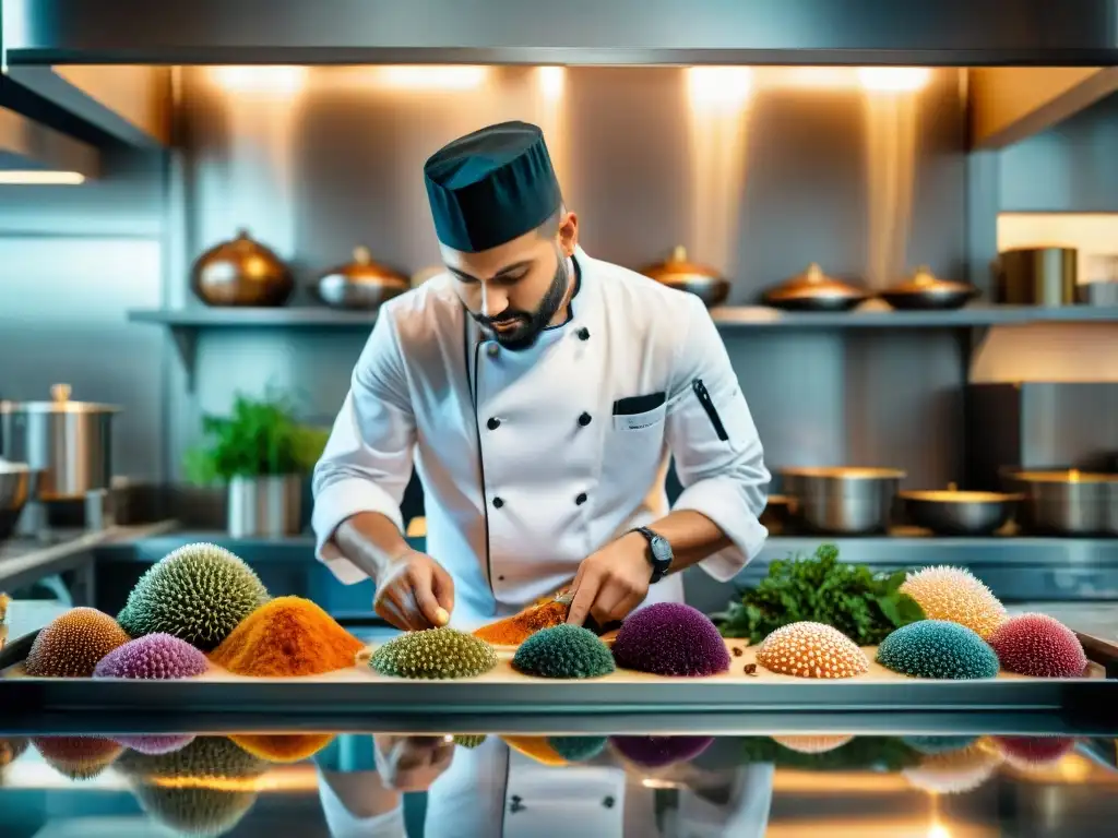 Chef experto en cocina costera: arte culinario submarino Un chef profesional en una cocina costera con ingredientes marinos exóticos