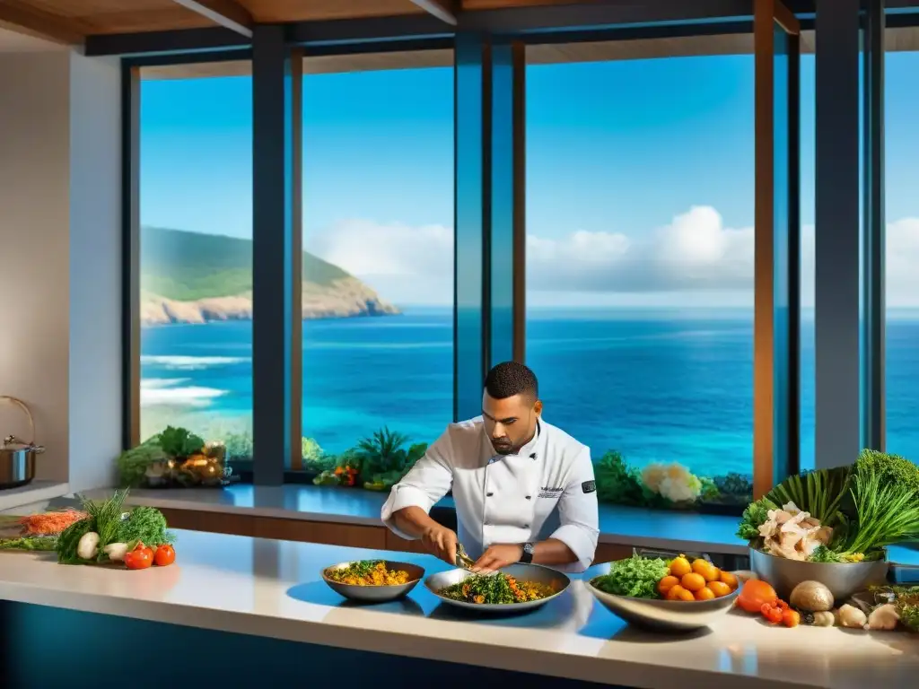 Chef costero: arte culinario frente al mar Un chef profesional en una cocina costera, preparando platillos con precisión y arte