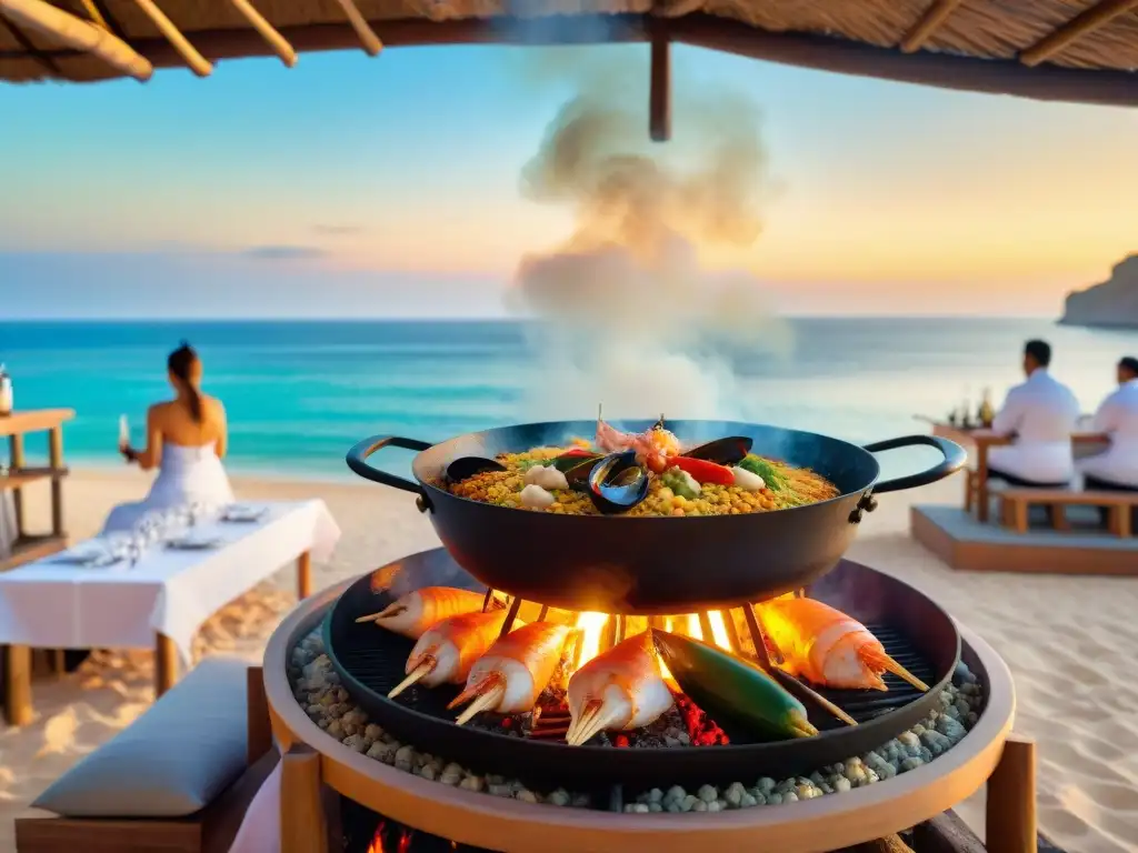 Chefes expertos preparan paella y más en la playa al atardecer Chefs preparando delicias gourmet en la playa al atardecer, creando experiencias gastronómicas únicas