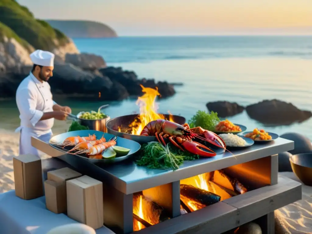 Cocineros preparando mariscos a la parrilla en la playa al atardecer Chefs preparando mariscos en fogata en la playa al atardecer