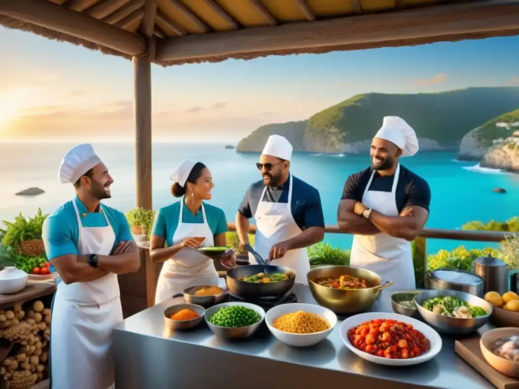 Chefs creando juntos en cocina costera frente al mar Chefs preparando platos costeros en una cocina playera con propiedades costeras vida junto mar