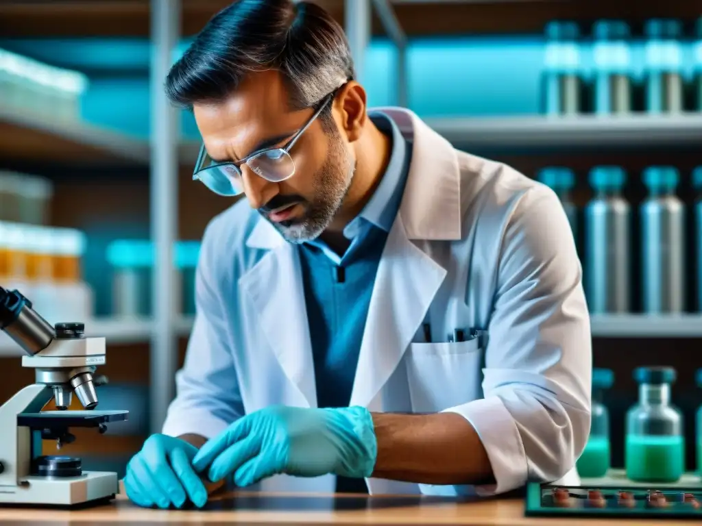 Revolutionary nanotecnología en acción: investigador manipulando dispositivo bajo microscopio Un científico manipulando un dispositivo de nanotecnología bajo un microscopio en un laboratorio, con detalles intrincados y expresión concentrada
