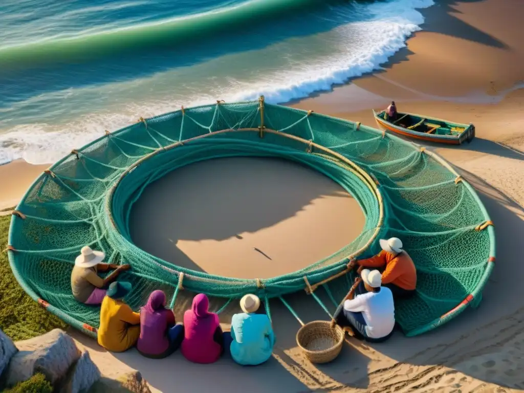 Conversaciones al atardecer: pescadores comparten sabiduría junto al mar Un círculo de pescadores ancianos en una playa, compartiendo historias y transmitiendo conocimiento a la comunidad marítima al atardecer