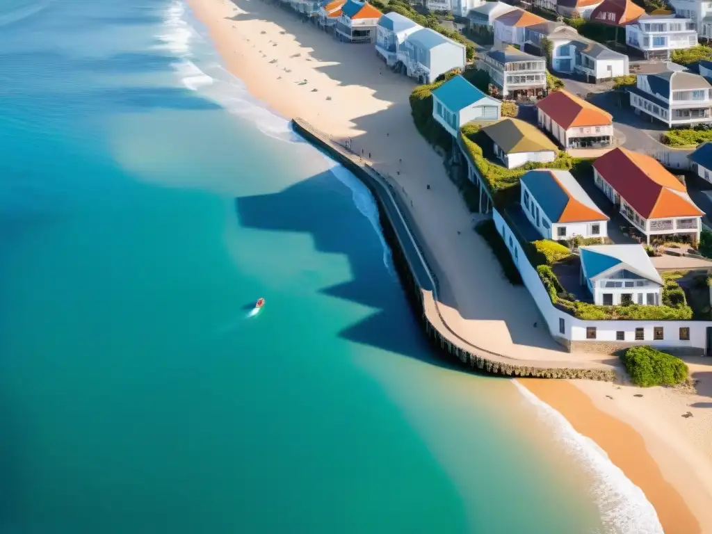Costa futurista: Ciudad costera sostenible en 2025 Una ciudad costera en el año 2025 con propiedades modernas y negocios de economía compartida, reflejando armonía entre tradición y futuro