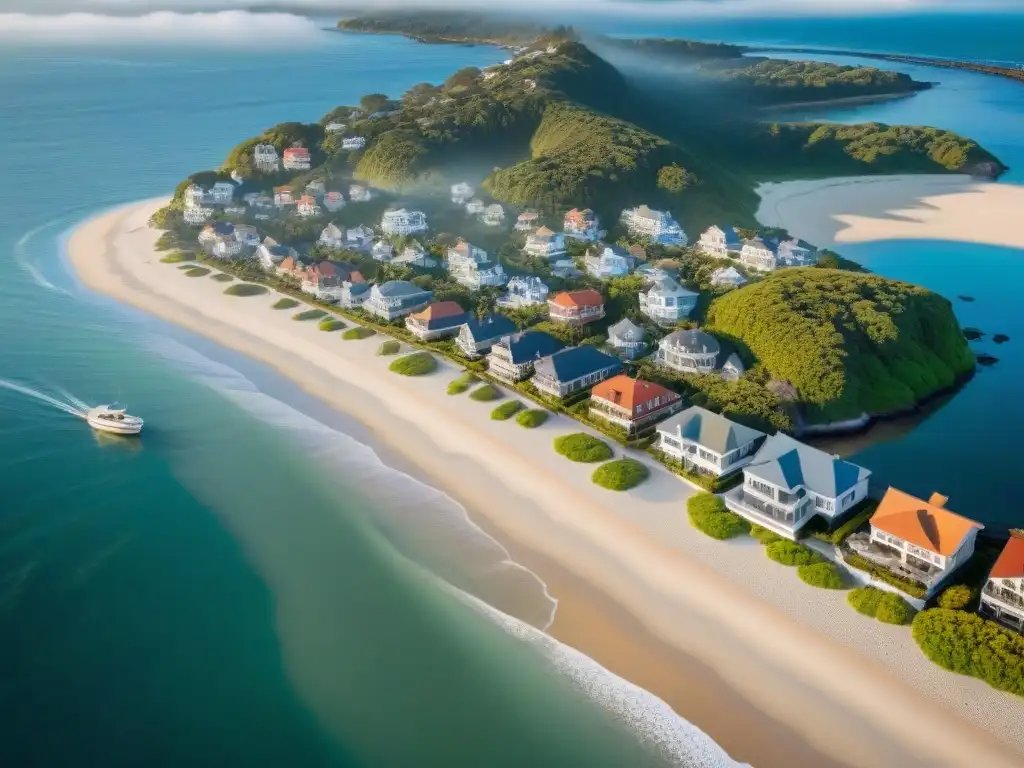 Horizonte costero al atardecer: lujo y naturaleza en equilibrio Fotografía aérea de ciudad costera al atardecer, resaltando la importancia de las regulaciones costeras para inversión inmobiliaria