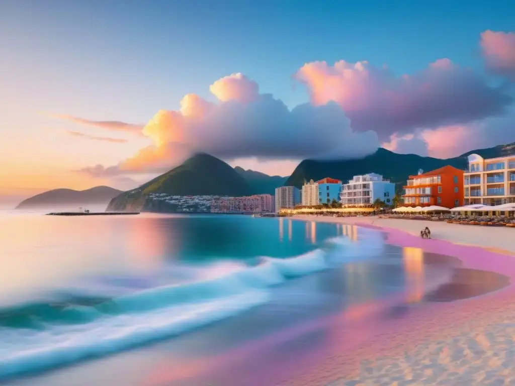 Paisaje costero al atardecer: modernidad y diversión en la ciudad Una ciudad costera bulliciosa al atardecer con modernos edificios, yates de lujo y personas disfrutando actividades recreativas