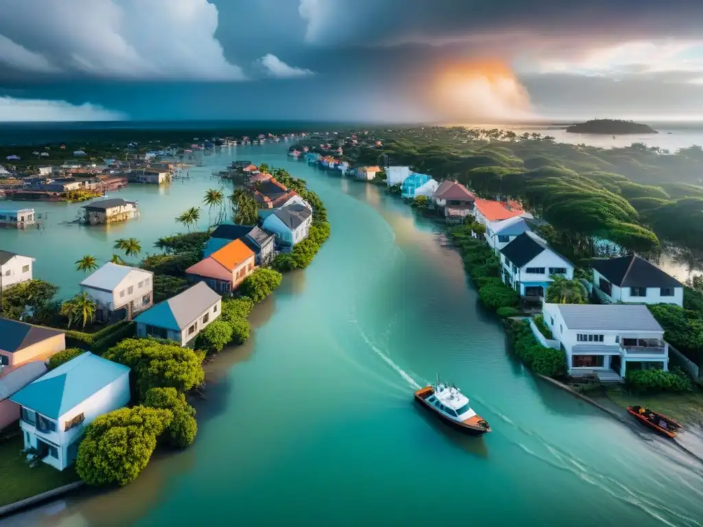 Caos y destrucción: ciudad costera devastada por desastre natural Ciudad costera devastada por desastre natural, calles inundadas, edificios dañados, equipos de emergencia