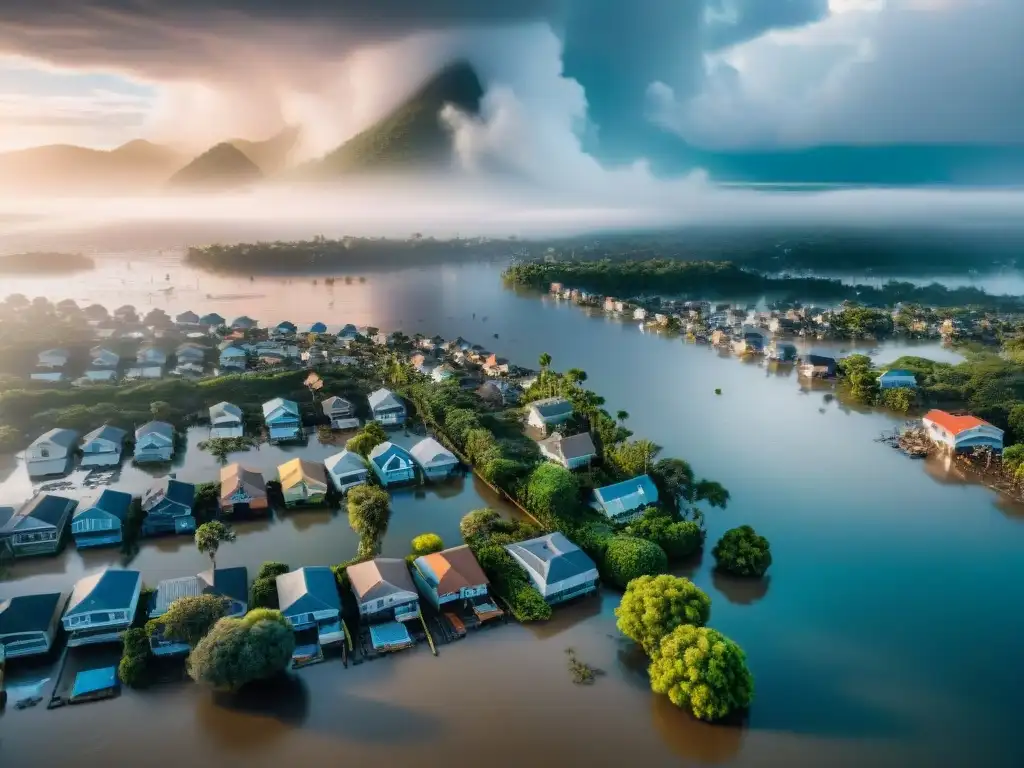 Devastación costera: naturaleza implacable y ayuda urgente Una ciudad costera devastada por desastre natural, casas sumergidas, escombros y equipos de emergencia