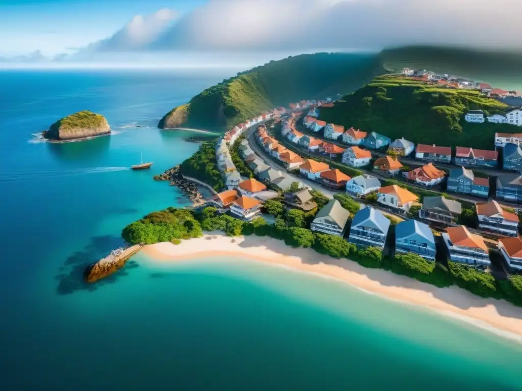 Contraste urbano-costero: Ciudad costera en auge Una ciudad costera emergente donde se mezclan modernos rascacielos con pueblos de pescadores tradicionales en un paisaje inmobiliario