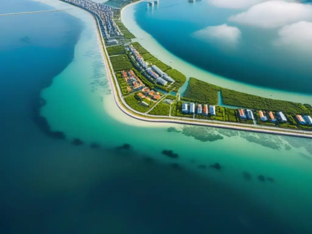 Metrópolis costera futurista con barreras contra inundaciones: soluciones innovadoras ante el cambio climático Una ciudad costera futurista con soluciones para la subida del mar en sus construcciones