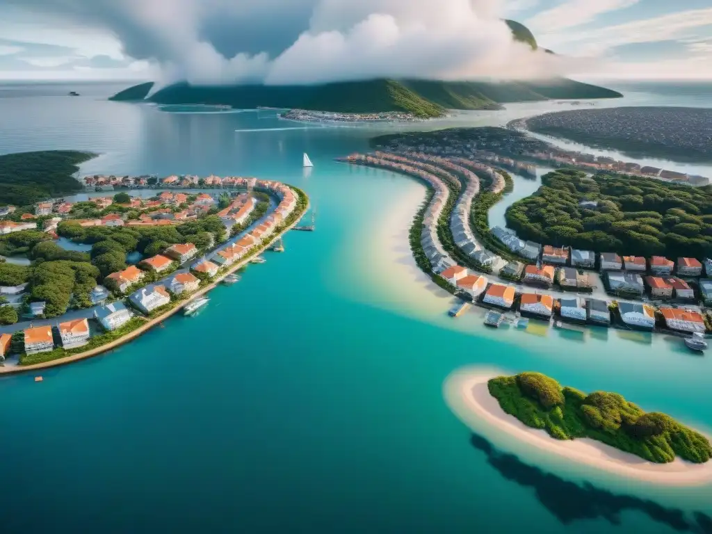 Inundación costera por cambio climático: ciudad bajo agua Una ciudad costera inundada por el aumento del mar, impacto del cambio climático en propiedades costeras