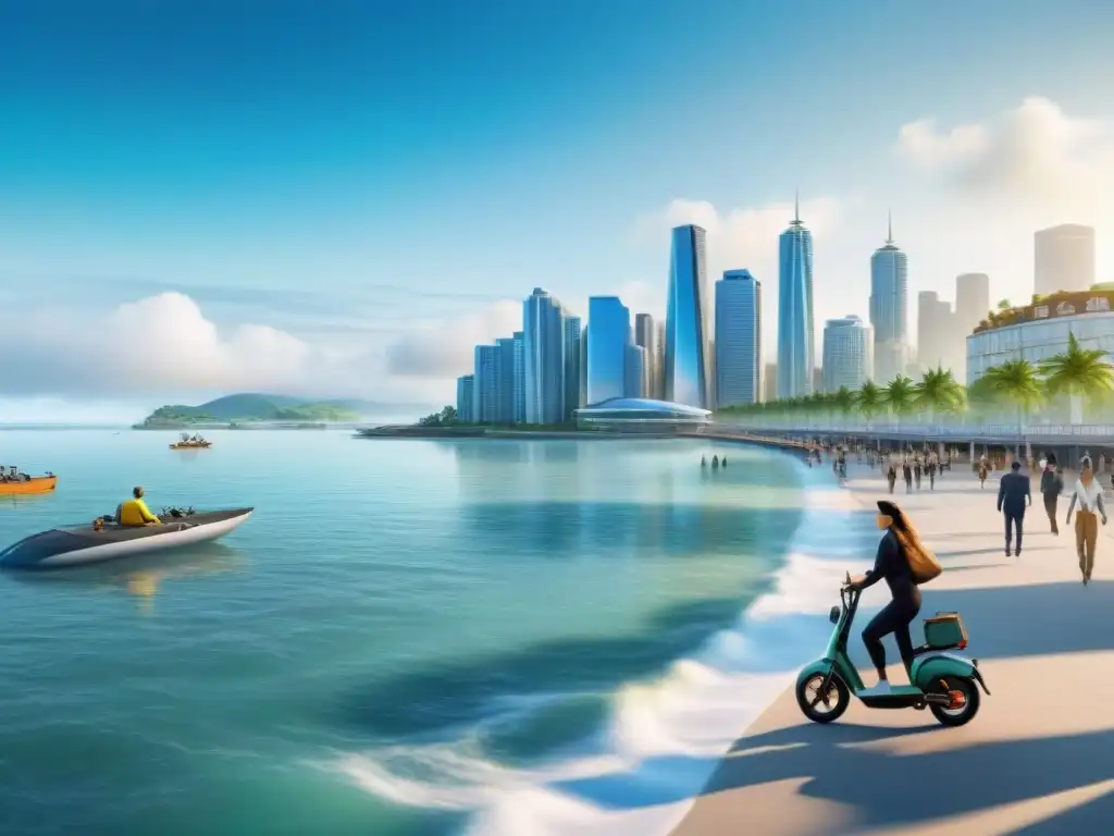 Skyline sostenible: ciudad costera innovadora Una ciudad costera moderna con soluciones subida del mar construcciones, integrando sostenibilidad y desarrollo urbano