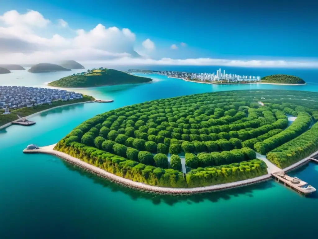Metrópolis costera sostenible: arquitectura eco innovadora Una ciudad costera sostenible innovadora con edificios ecofriendly y tecnología verde integrada en el paisaje