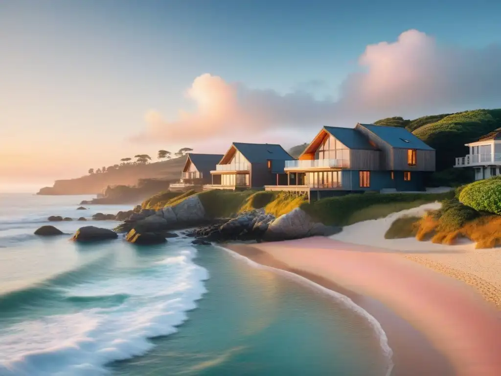 Alborada en pueblo costero: armonía entre modernidad y naturaleza Una ciudad costera tranquila al amanecer, con propiedades modernas frente al mar