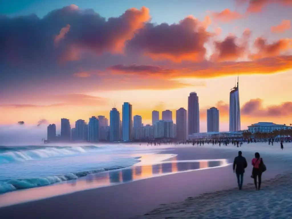Horizonte costero al atardecer: modernidad y tranquilidad en la playa Una ciudad costera vibrante al atardecer, modernos rascacielos contrastan con el mar tranquilo