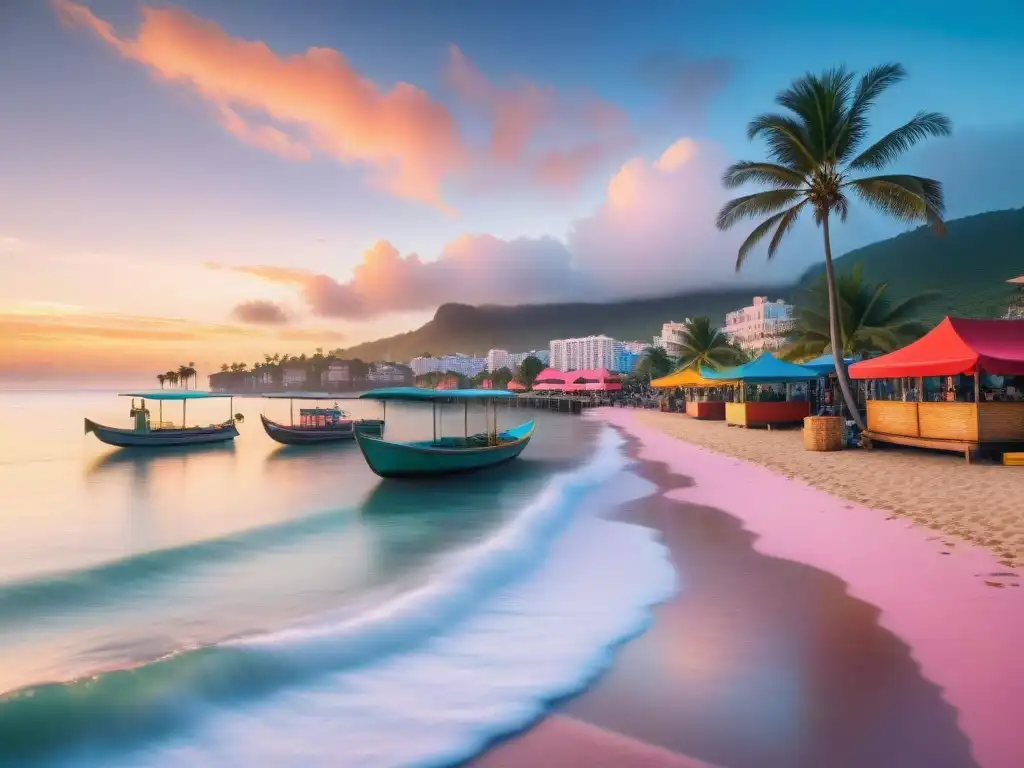 Una ciudad costera vibrante al amanecer, con rascacielos modernos, palmeras y botes pesqueros coloridos en aguas brillantes