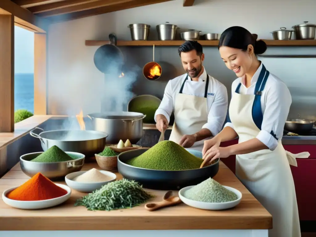 Cocina costera: chefs crean condimentos exclusivos junto al mar Cocina costera con chefs preparando condimentos exclusivos en un bullicioso ambiente de tradición culinaria