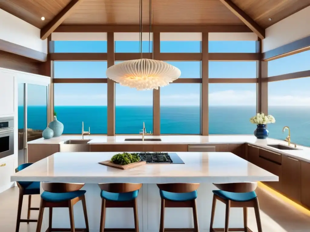 Exclusiva cocina costera con vistas al mar Una cocina costera de lujo con detalles marinos, encanto sereno y elegante diseño