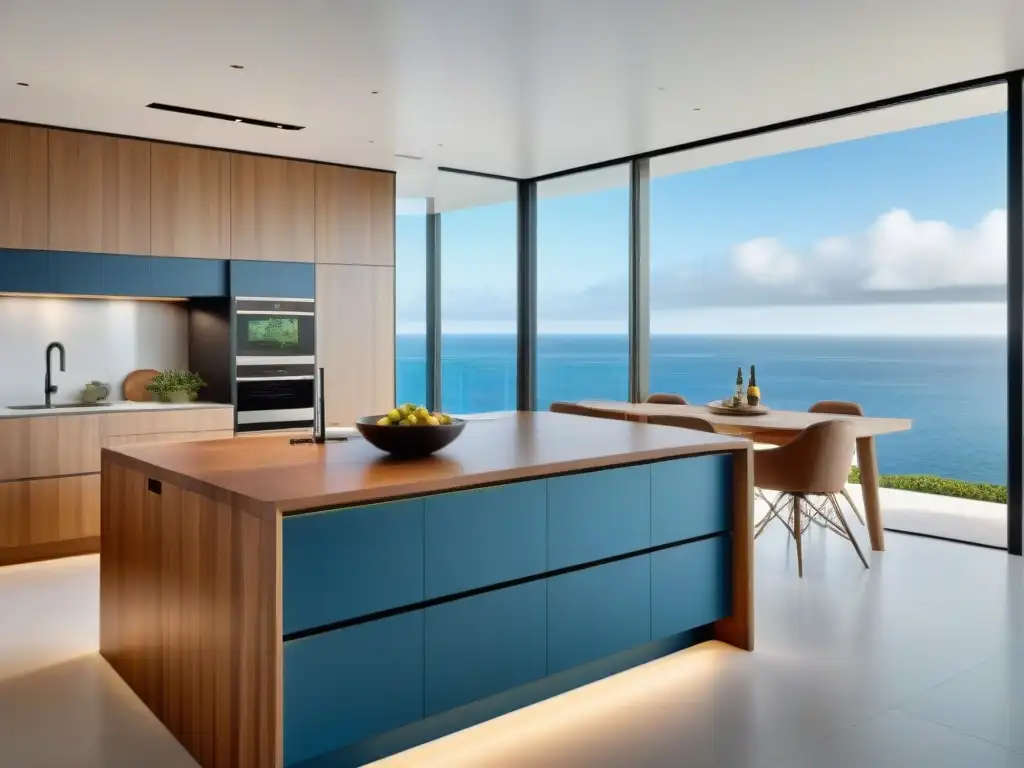 Exclusiva cocina costera de lujo con tecnología integrada Cocina costera de lujo con tecnología integrada, isla central y vistas al mar, en tonos blancos, azules y madera