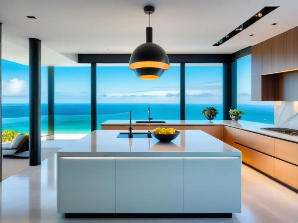 Cocina de lujo frente al mar con isla de mármol y diseño náutico Cocina costera de lujo con ventanales y vista a la playa, isla de mármol, electrodomésticos de acero inoxidable y decoración temática náutica