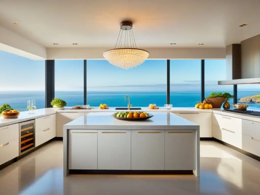 Cocina costera de lujo con vista al mar Cocina costera de lujo con vista al mar, elegante y tranquila, decorada con mariscos frescos y frutas vibrantes
