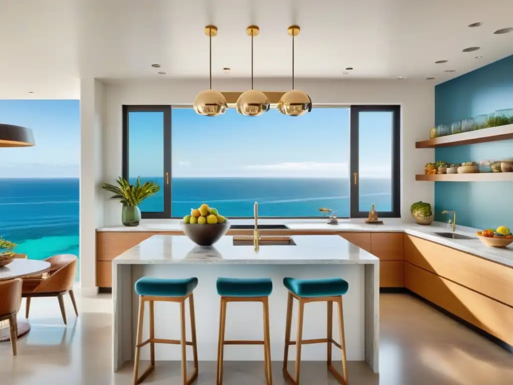 Cocina costera de lujo: vista aérea impactante Cocina costera de lujo con vista al mar, mostrando elegantes detalles y productos frescos