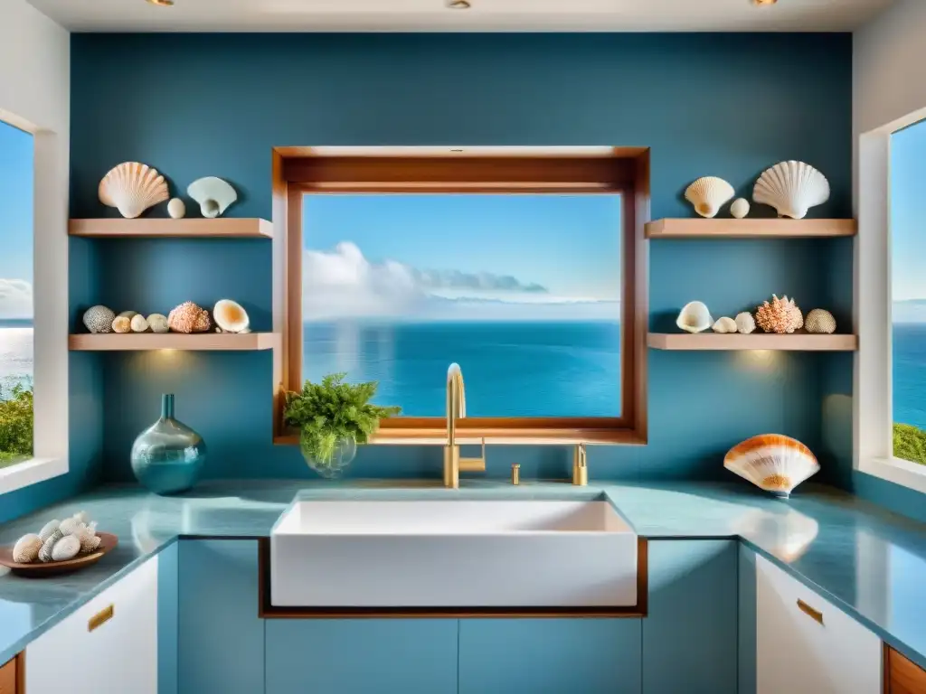 Cocina costera de lujo con vistas al mar Cocina costera de lujo con vistas al mar, encimeras de mármol blanco y gabinetes en azul claro, isla central con vinera empotrada y cocina profesional