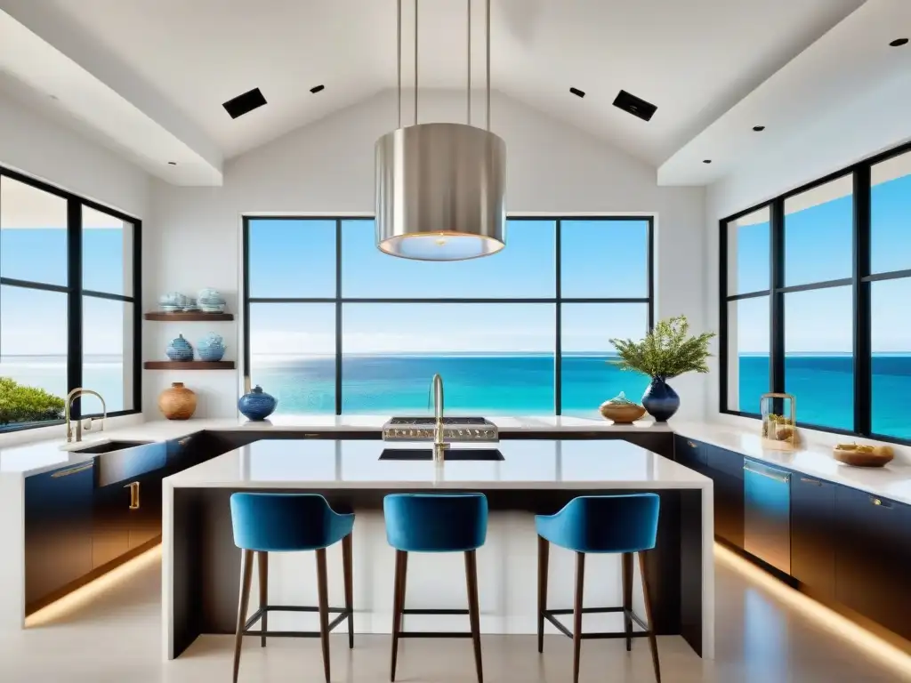 Cocina costera de lujo con vista a la playa Cocina costera de lujo con vistas a la playa, muebles blancos y encimeras de mármol, elegancia y encanto costero