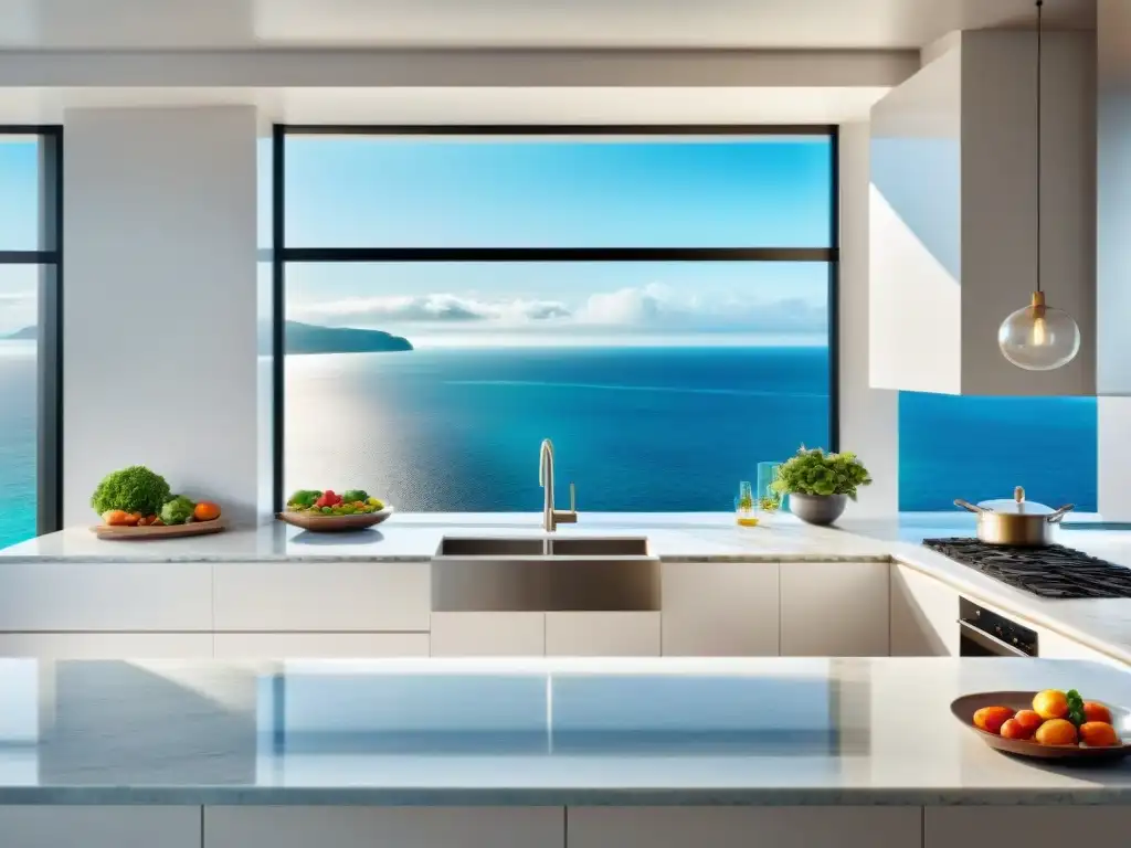 Cocina moderna frente al mar: inspiración culinaria Cocina moderna con vistas al mar, luminosa y serena, con detalles gourmet y decoración vibrante