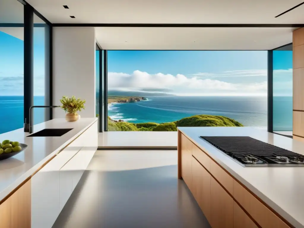 Moderna cocina con vista al mar: diseño minimalista y elegante Una cocina moderna con vistas al mar, elegante y luminosa, ideal para crear delicias culinarias