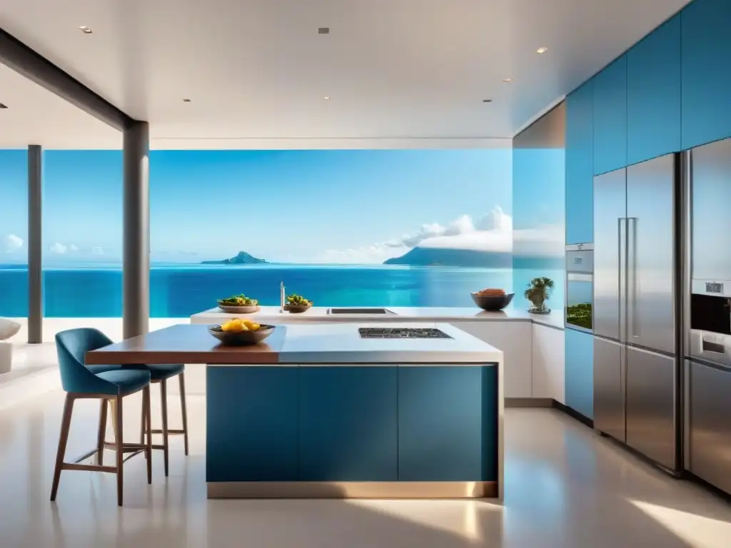 Cocina moderna con vista al mar: elegancia y serenidad Cocina moderna con vistas al mar, iluminada por la cálida luz del sol, creando una atmósfera serena y elegante