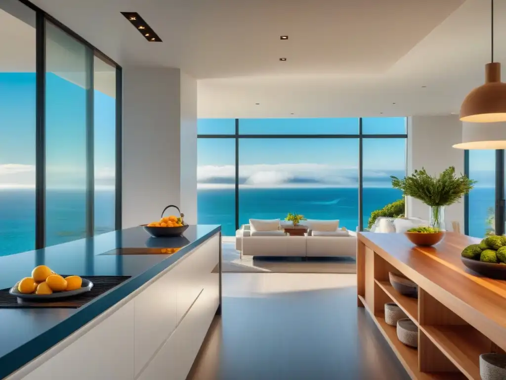 Cocina moderna con vista al mar: elegancia y serenidad Cocina moderna con vistas al mar, isla decorada con productos frescos y utensilios de cocina bajo la cálida luz del sol