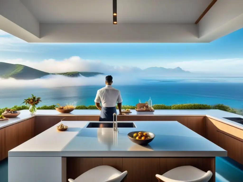 Cocina gourmet con vista al mar: luz, serenidad y sabor Cocina moderna con vistas al mar, bañada por la luz del sol, donde un chef prepara una exquisita comida