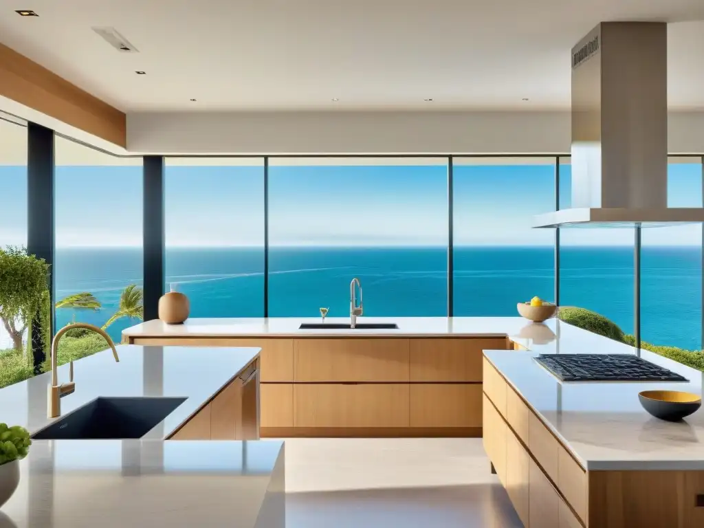 Cocina moderna con vistas al mar y diseño costero Cocina moderna con vistas al mar, luz cálida ilumina el espacio, destacando detalles marinos