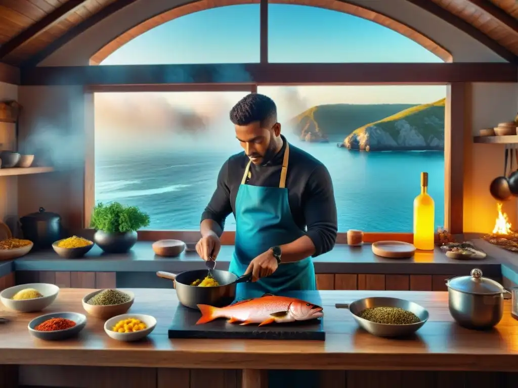 Cocina costera tradicional: chef fileteando pescado fresco con vista al mar Un cocinero experto fileteando pescado fresco en una bulliciosa cocina costera tradicional del mundo, con especias coloridas y vista al mar