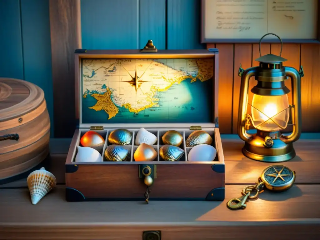 Baúl marino con amuletos: detallado y misterioso Un cofre de marinero lleno de amuletos marinos para vida segura, detallado y envejecido, sobre un mapa náutico vintage en una mesa de madera