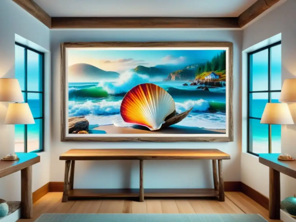 Exposición de arte costero: colección vibrante en galería sofisticada Una colección diversa de arte costero en una galería sofisticada iluminada por luz natural