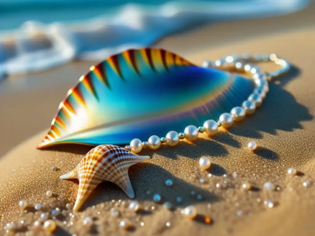 Collar de perlas sobre concha iridiscente en la playa Una colección de joyas conchas marinas: un collar de perlas sobre una concha iridiscente, brillando bajo el sol en la playa