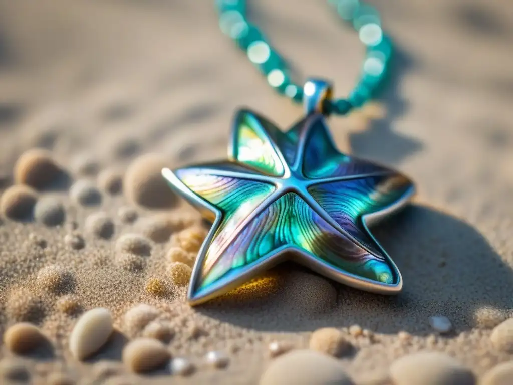 Colgante de Estrella de Mar en Concha de Abulón: Belleza Marina en Playa Colgante de estrella marina de concha de abulón iridiscente en playa con olas suaves