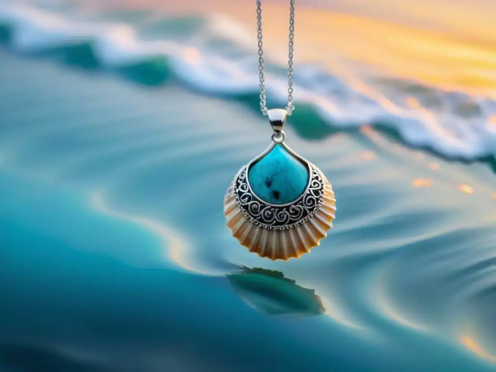 Colgante de concha tallada con turquesas bajo un atardecer dramático Colgante de caracola tallada con detalle en cadena plateada, bajo un cielo dramático al atardecer con olas rompiendo