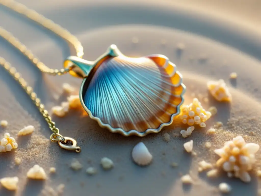 Collar de concha marina brillante sobre arena dorada Collar marino estilo vida costera, con detalle de concha brillante sobre arena reluciente y olas suaves al fondo