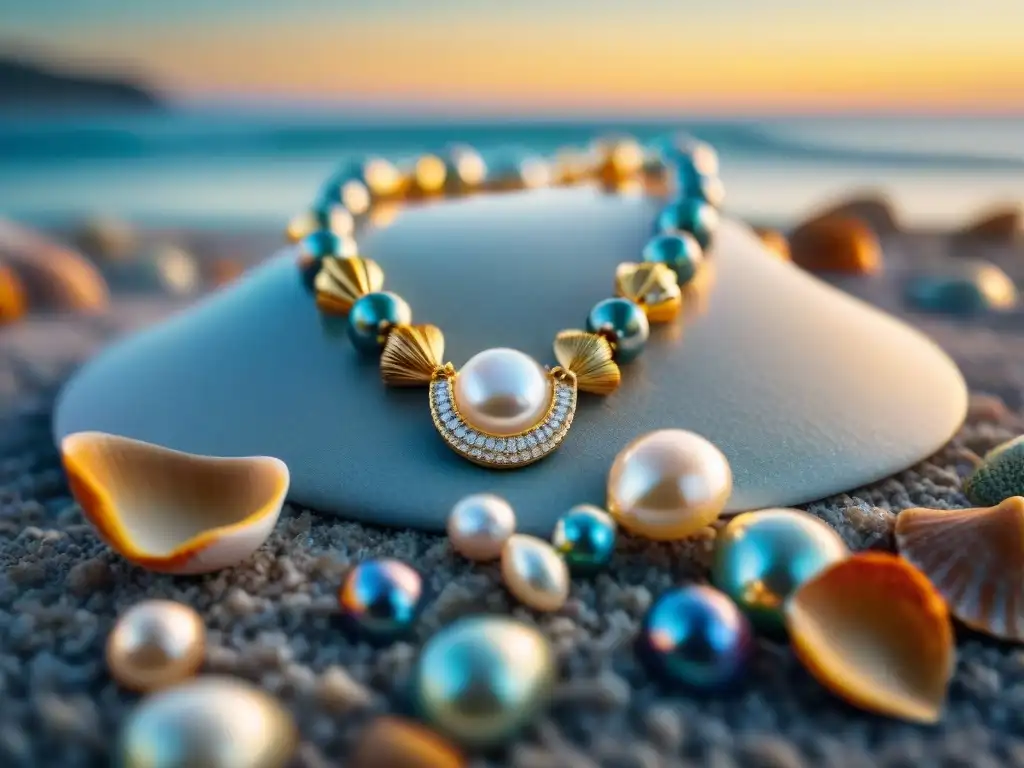 Collar de perlas en conchas iridiscentes sobre vista al mar al atardecer Collar de perlas sobre conchas y vista al mar al atardecer, accesorios de lujo para vida costera